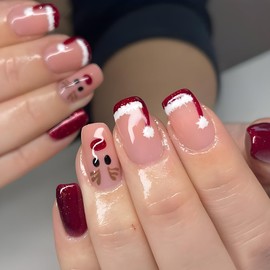 Christmas Press on Nails Medium Square MABKJLF Red French Tip Fake Nails False Nails with Designs Christmas Hat Deer Cute Glossy Glue on Nails Stick on Nails for Women Girls 24 Pcs