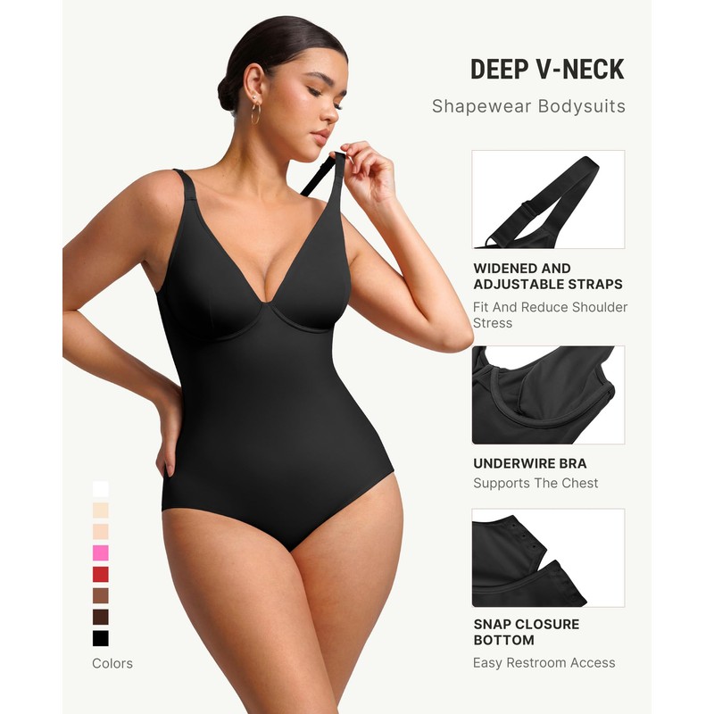 FeelinGirl Black Body Suits for Womens Bodysuits Shapewear Deep V