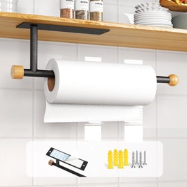 Zivacate porta rotolo da cucina, [Accenti Estetici in Legno] Da Trapanare, porta scottex da parete, porta scottex da tavolo (Nero Opaco)