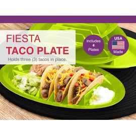 Arrow Home Plastic Fiesta Taco Plate, Holds 3 Tacos and 2 Sides - 4 Pack (Green)