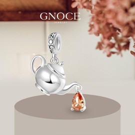 GNOCE Teapot Pendant Charms 925 Sterling Silver Dangle Charms for Bracelet/Necklace Jewellery Gift for Women Girls, Silver, Cubic Zirconia