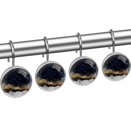 Gold Navy Blue Marble Decorative Shower Curtain Hooks Rings Set of 12 Hooks for Shower Curtain Stainless Steel Rustproof Curtain Rings for Bathroom