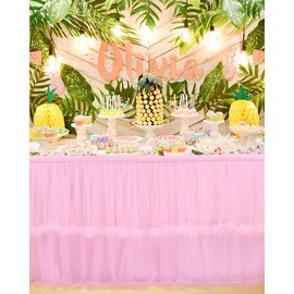 Pink Tulle Table Skirt for Rectangle Tables 6ft Fluffy Tutu Table Skirting Ruffle Tablecloth for Girl Birthday Party Princess Baby Shower 2 Layer Tulle