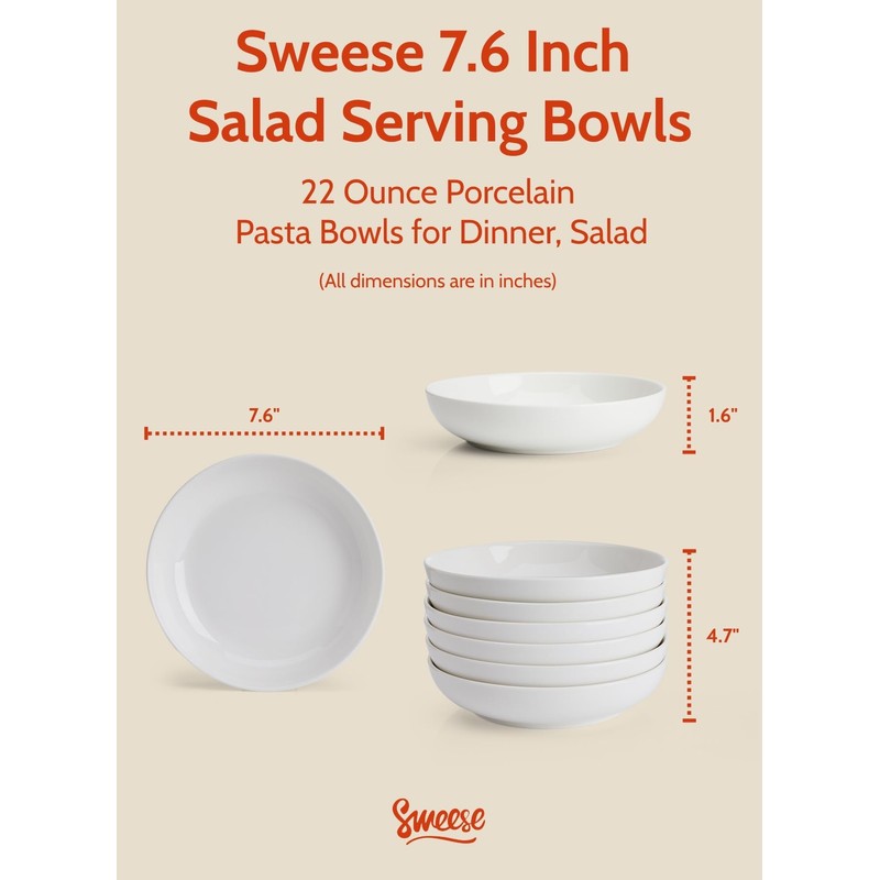 Sweese 22oz Porcelain Pasta Bowls Set of 6-7.6 Inch White