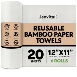 Jenvita Bamboo Paper Towels Reusable | Absorbent, Heavy Duty & Washable | Organic Paper Towel | FSC Certified | 100% Rayon Derived From Bamboo | Unpaper Towel Alternative | 20 Sheets, 12"x11 | 6 Rolls