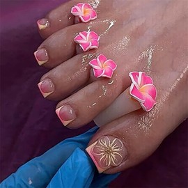 24Pcs 3D Embossed Flower Press On Toenails for Women,Colorful Gradient French Tips Fake Toe Nails Press ons Nail Art Tip with Flower Gold Bead Rhinestones Design Acrylic False Toe Nails for Women