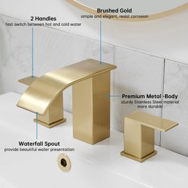 RUMOSE 8 inch Bathroom Faucets Set Brushed Gold Bathroom Sink Faucet 3 Hole with Pop Up Drain Widespread 2 Handles Stainless Steel Lavatory Vanity Faucet Waterfall Spout Bathroom Faucet Deck Mounted