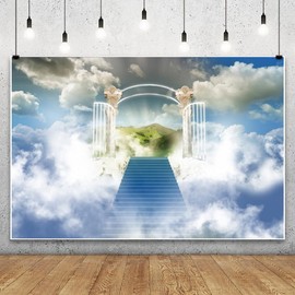 XMJJKUF Heaven Backdrops 10x8ft Paradise Gate Sky Stairway to Heaven Photography Background for Heaven Sent Baby Shower Baptism Banner Easter Photo Backdrop Church Photo Banner