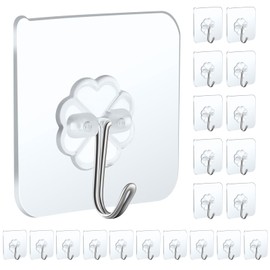 Anffeary 20 Packs Self Adhesive Wall Hooks Heavy Duty 22lb(Max), Waterproof Transparent Wall Hooks for Hanging Sticky Hooks Wall Hangers for Door Bathroom Shower Kitchen Outdoor Utility Hooks Hanger