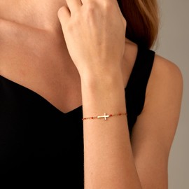 Dabovos 18K Gold Plated Cross Bracelet for Women Gold Minimalist Red Bead Cross Bracelet Dainty Beads Cross Bracelet Christian Bracelet Gifts