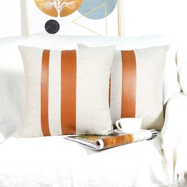 howdy deco Pack of 2 Patchwork Throw Pillow Covers 18x18 Inch Farmhouse Linen Pillowcases Modern Brown Faux Leather Comfortable Pillow Covers for Couch Sofa Office Chair Home Decor, White