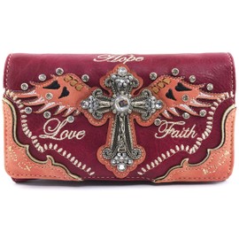 Justin West Women's Concealed Carry Angel Wings Cross Faith Hope Love Western Handbag Tote Purse (Coral Red Wallet Only)
