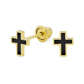Tiny Minimalist Religious Christian 3D Mini Cross Stud Earrings For Women Teen Black Enamel Real Yellow Gold Safety Screw back