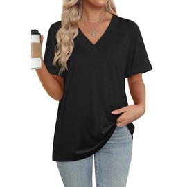 WIHOLL Summer Tops for Women 2025 Trendy Casual Short Sleeve V Neck T Shirts Loose Fit Fashion Cute Tops Spring Cruise Outfits for Women 2025 Black XL