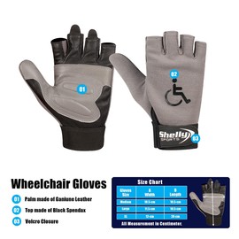 Shelly Wheelchair Gloves Real Leather Palm Gloves Mobility Padded Gloves Breathable, Fingerless Bike Gloves with Anti-Slip Grip Lightweight Cycling Gloves (Grey, X-Large)
