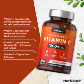 Vitamin C Tablets | 250 Count | 1000mg per Tablet | High Strength Immune and Energy Support | Vegan | by Horbaach