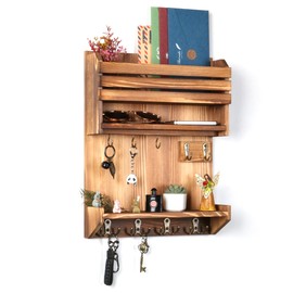 HEKFL Key Holder, Wall Mounted Mail Organizer, Keys Holder on Wall with 9 Key Hooks, Light Brown