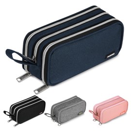 Large Pencil Case 3 Compartments Pencil Pouch Durable Pencil Case for Adult Kids with Handle,Lightweight Canvas Pencil Organizer Bag for School Supplies,Office,Blue