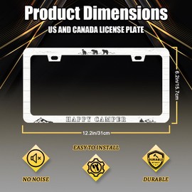 Happy Camper License Plate Frame Camping Mountains License Plate Holder Stainless Steel Bear Auto Parts Funny License Plate for Men Women Decoration Size 12.2" x 6.2" with Screws
