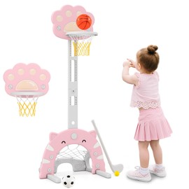 OLAKIDS Toddler Basketball Hoop, 3 in 1 Height Adjustable Kids Sports Activity Center Indoor Outdoor with Soccer Goal Golf Ball and Club, Baby Toy Game Play Set Gifts for Boys Girls (Pink)