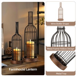 Staymoment Metal Lanterns Decorative Set of 2 - Indoor Rustic Farmhouse Candle Holder Wine Tray Lantern for Wedding Table Centerpiece Fireplace Mantle Shelf, 16" 13" Home Decor, Distressed Brown