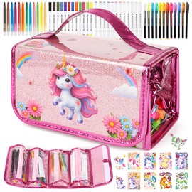 Unicorn Washable Markers for Kids With Glittery Pencil Case, Arts And Crafts for Kids Age 4-6-8, Art Supplies Coloring Set with Diy Unicorn Stickers, Birthday Christmas Gifts for Girls