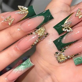 SINHOT Square Press on Nails Long - 3D Gold Butterfly Fake Nails Glossy Glue on Nails Green French Tip Acrylic Nails Rhinestones Squoval Artificial Nails Stick on False Nails with Design 24pcs