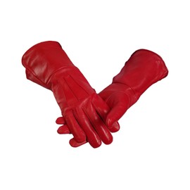 Leather Gauntlet Gloves Long Arm Cuff (XL, RED)