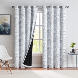 Xwincel 100% Blackout Curtains for Bedroom Black Leaf Pattern on White Curtains 96 Inches Long for Living Room Darkening Thermal Insulated Curtain Panels Botanical Print Grommet Window Drapes 2 Panels