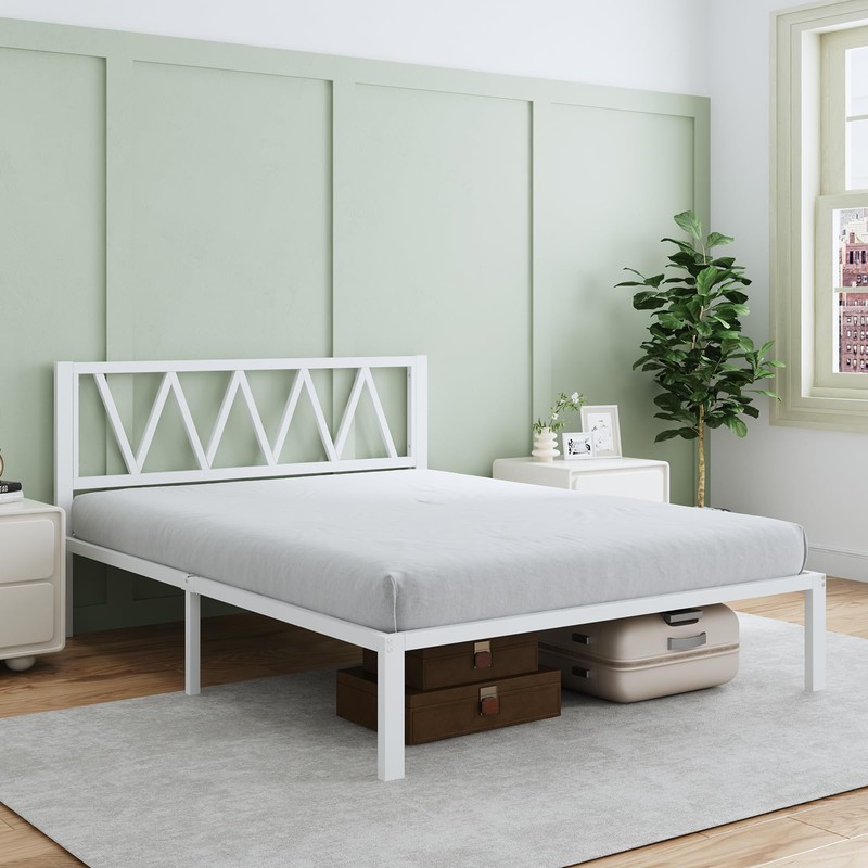 Novilla 14 Inch Full Size Bed Frame with Headboard, White