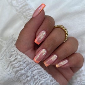 French Tip Press on Nails Medium Square Fake Nails Orange False Nails with Design Chrome Aurora Acrylic Nails Mirror Stick on Nails Glossy Full Cover Glue on Nails for Women Manicure 24Pcs
