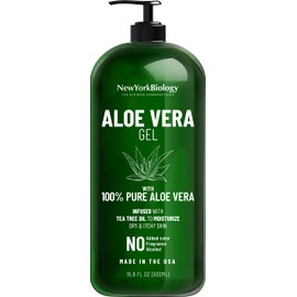 New York Biology Aloe Vera Gel for Face, Skin and Hair - Infused with Tea Tree Oil - From Fresh Aloe Vera Plant - Moisturizing Aloe Vera for Sunburn Relief and Dry Skin - 16.9 Fl Oz