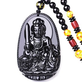 clin-kk Buddha Pendant Necklace Bodhisattva Amulet Talisman Made of Obsidian Gemstone Women or Men