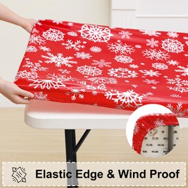 misaya Rectangle Vinyl Tablecloth, Fitted Table Cover, 100% Waterproof, Elastic Edge, Flannel Backing, Plastic Table Cloth Fit 6 Foot Folding Tables for Christmas Dinner (Red Snowflake, 30x72 inch)