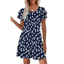 Hount Womans Beach Short Dresses with Pockets Boho Casual Summer Flowy Sundresses Floral Mini Dress White Flower L