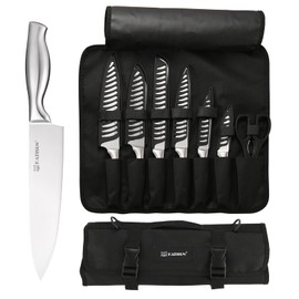 KATISUN Knife Set Roll Bag, 8 Pieces German High Carbon Stainless Steel Chef Knives with Hollow Handle, with Portable Knife Roll Storage Bag, Blade Guards, Kitchen Shears for Outdoor Camping Travel