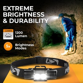 Foxelli Ultra Bright Rechargeable Headlamp – 18650 Battery, IPX7 Waterproof, 1200 Lumen LED Light for Work & Outdoors, with Battery & Hooks - Perfect for Hard Hat or Helmet