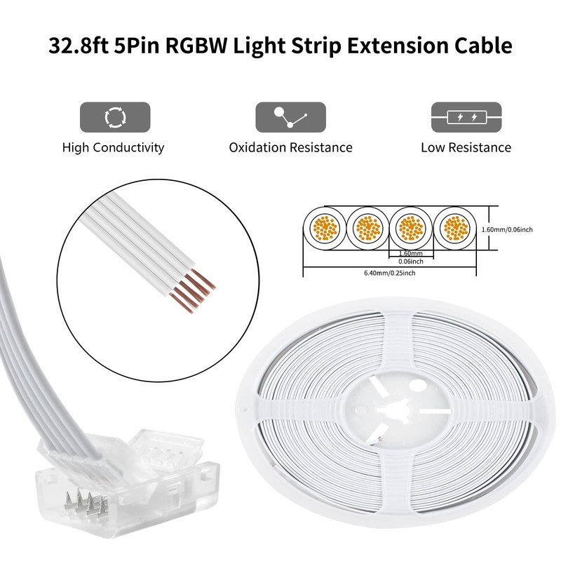 RGBZONE 32.8ft 5 Pin RGBW Extension Cable Wire and 5