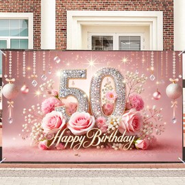 Nuxovilar 50th Birthday Banner - Elegant Pink & Gold Floral Backdrop with Glitter "50" Sign, 71x43 Inch Large Party Decor for Women & Men, Reusable Indoor/Outdoor Hanging