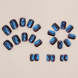 Press on Nails Short Oval, Artificial Acrylic Fake Nails with Aurora Galaxy Blue Design, Full Cover Reusable Coffin Shaped Glossy False Nails, Glue on Nails for Women Set, Stick on Nails for Nail Art
