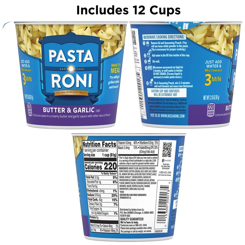 Pasta Roni Cups, Butter & Garlic, 2.15 Oz (Pack of