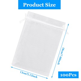 100 Pcs White Organza Gift Bags - 13x18 cm Chiffon Pouches with Drawstring for Jewelry, Wedding Favors, Party Gifts, and Candy Bags, Gauze Bags Jewelry Drawstring Pouches Mesh Gift Bags