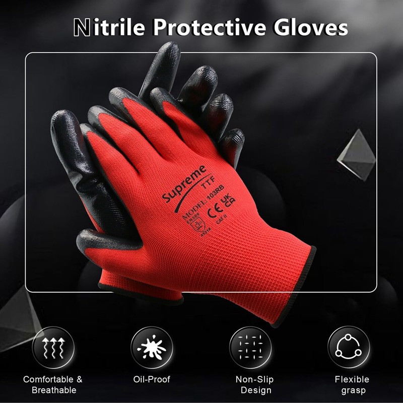 SupremeTTF 24 Pair Red Work Gloves Nitrile coated Gloves Builder's