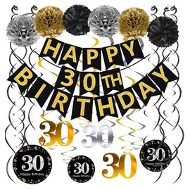 Famoby Black & Gold Glittery Happy 30th Birthday Banner,Poms,Sparkling 30 Hanging Swirls Kit for 30th Birthday Party 30th Anniversary Decorations Supplies