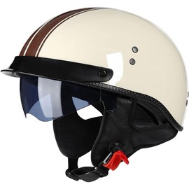 Motorcycle Half Helmets with Drop-Down Lens DOT Approved Motorcycle Helmet Quick Release Buckle Open Face Helmet for Adults Men and Women (Beige; Brown Stripe)