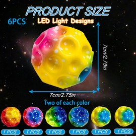 TZEKING Pack of 6 LED Moon Balls, High Jumping Rubber Ball, Colourful Bouncing Balls, Super Stretch, Easy to Grip, Gifts for Boys and Girls, Suitable for Adults for Stress Relief