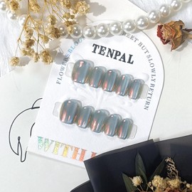 TENPAL Cat Eye Press on Nails Short Suqare White Moonlight Fake Nails With Crystal Aurora Designs Handmade Acrylic Soft Gel Glue on Nails Short Falling Cat Eyes Nails For Women Girls10pc/Box(XS)