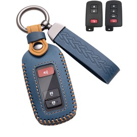 YINEOR for Toyota Key Fob Cover Leather Car Key Case Keychain Fob Holder Compatible for Toyota Highlander Rav4 4Runner Camry Corolla Tacoma Tundra Sequoia Prius Avalon C-HR Cruiser (Blue)