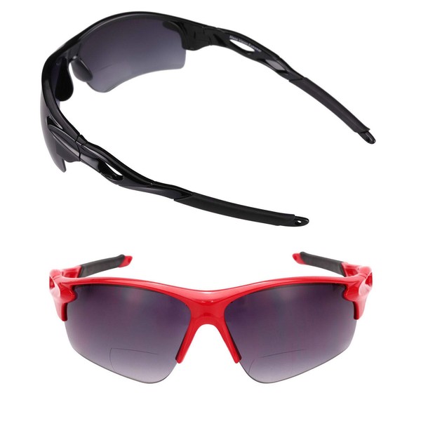 Mass Vision 2 Pair of The Athlete Precision Sport Wrap Bifocal Unisex Reading Sunglasses (Black and Red, 2.5)