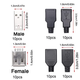 RUNCCI-YUN 20pcs Soldering USB Type A Plug, USB 2.0 Type A Male USB 4 Pin Male Socket with Plastic Cover DIY Black + Silver